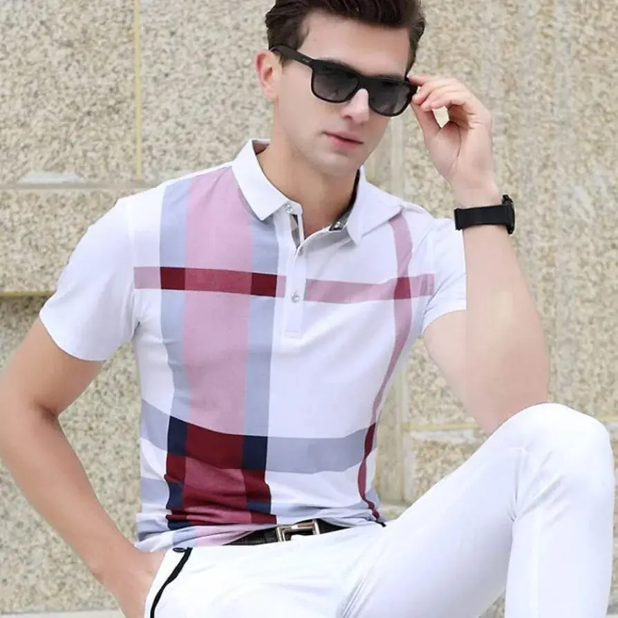 Men’s Stylish Checked Polo Neck T-Shirt – Red, White & Grey Cotton Blend