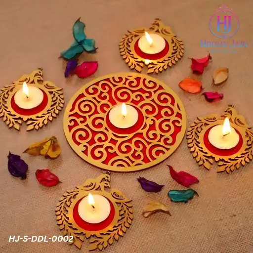 HJ Premium Gold-Red Diya Set 🕯️ Laser-Cut Rangoli Center Plate ✨ Festive Mandir & Table Decoration 🎊 