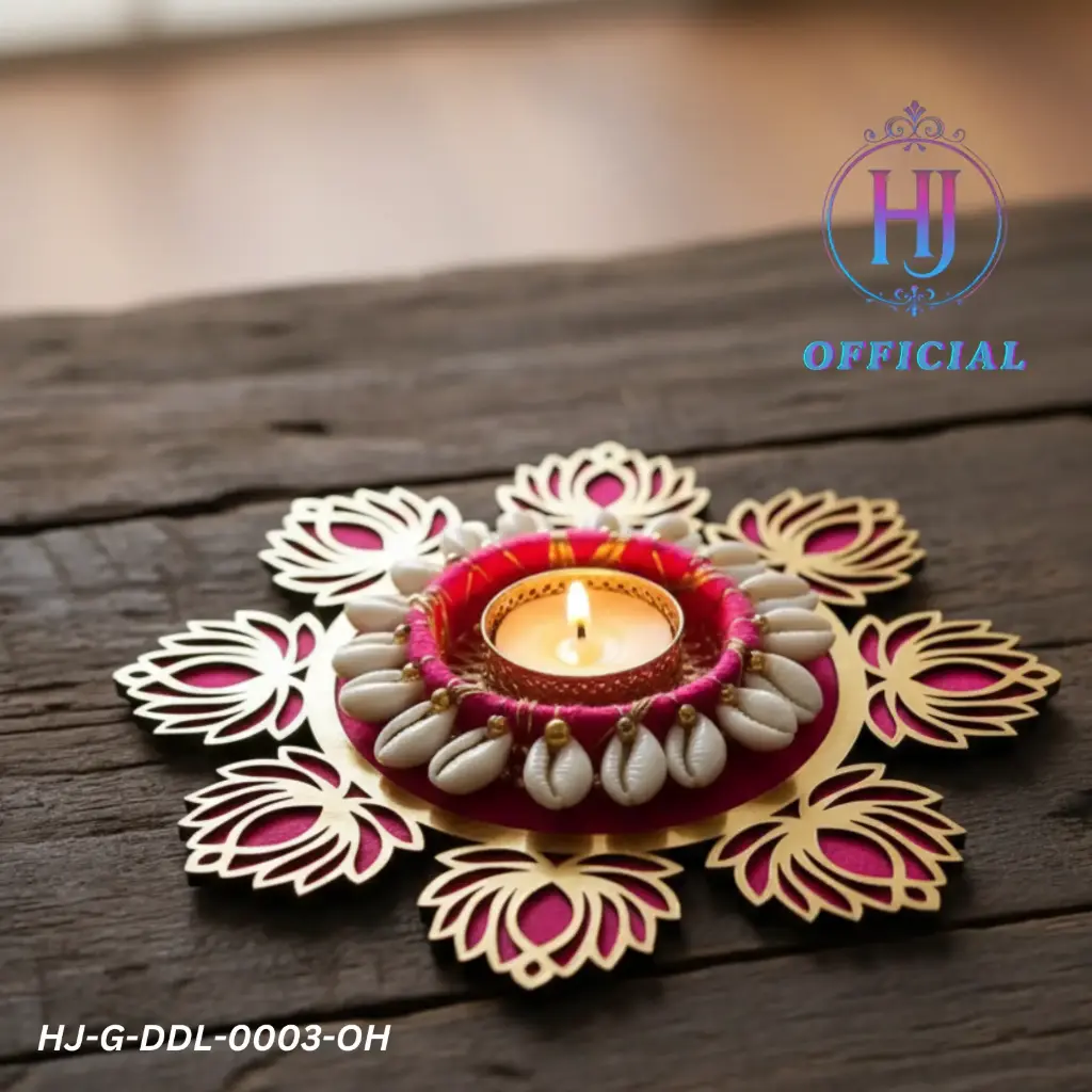 HJ 8 Inch Lotus MDF Rangoli with Kodi – Elegant Decorative Diya Holder (No Candle Included)