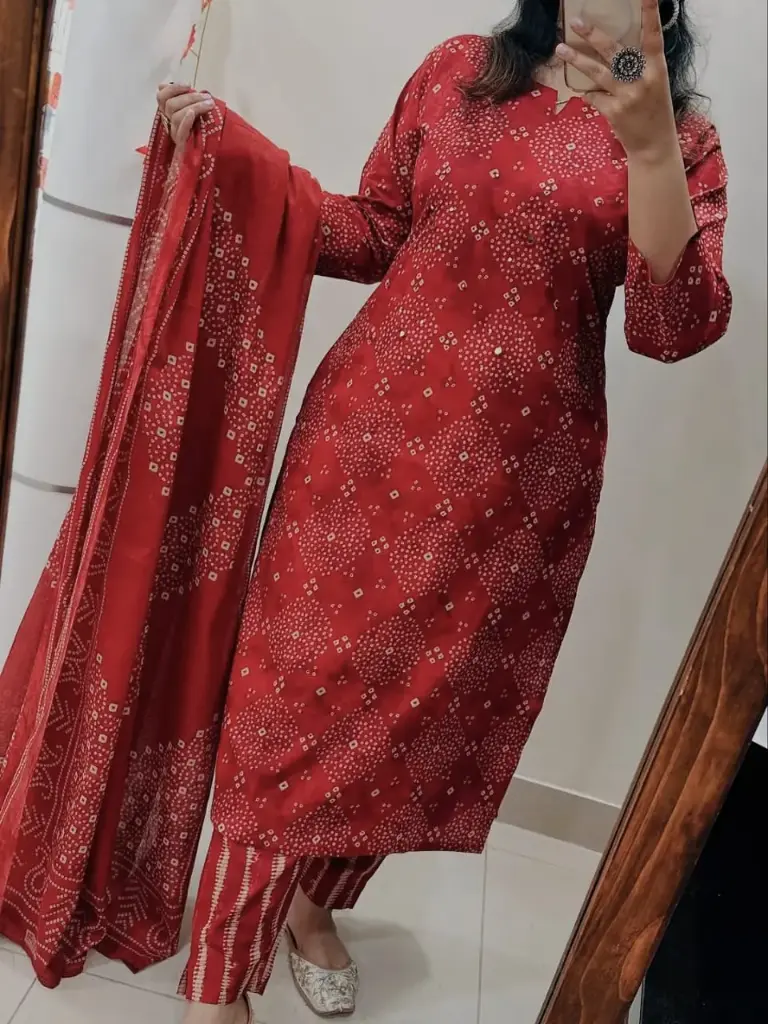 HJ Official New fastival bhandej printed kurti pant dupatta set